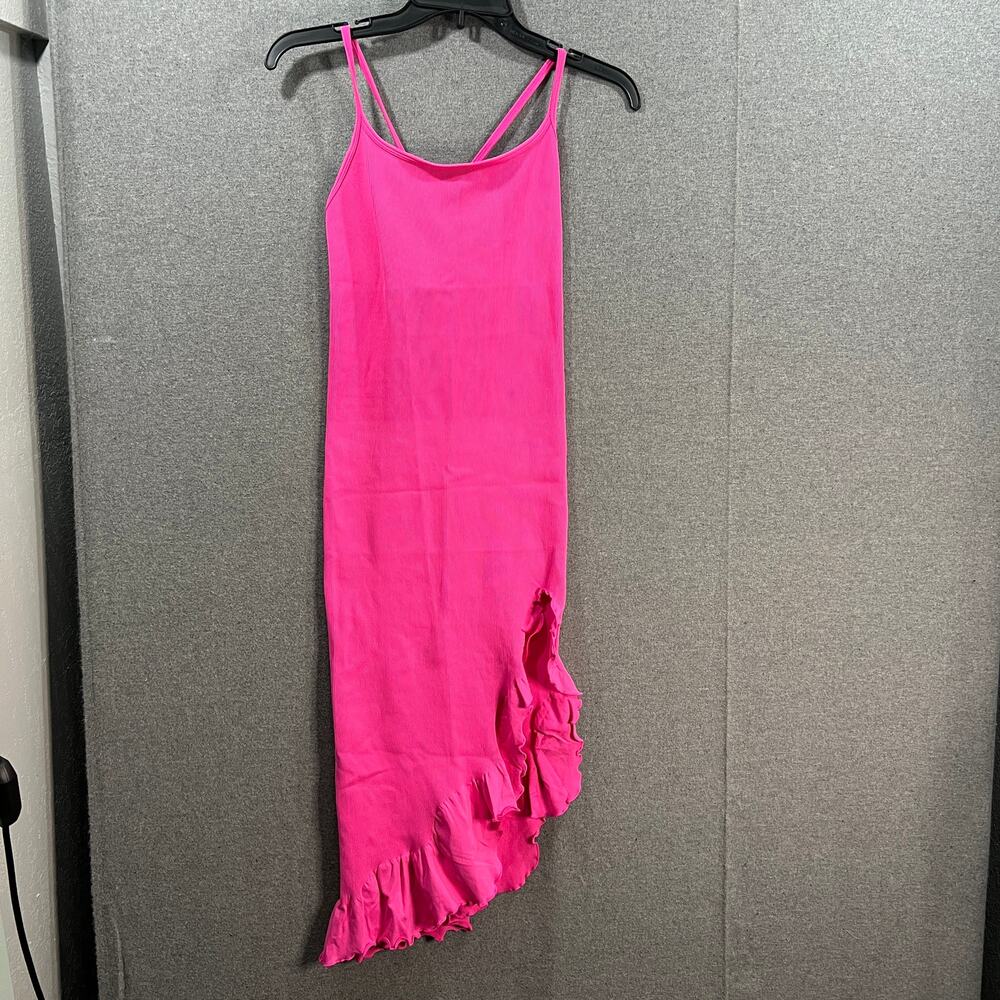 OQQ Women's Spaghetti Strap Bodycon Ruffle Side Midi Dress Pink Size M